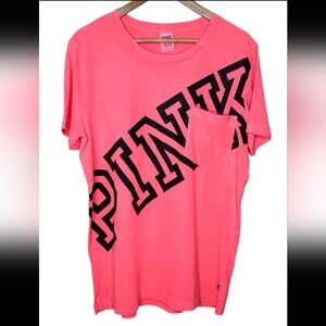 PINK VS Tee Shirt w/ front pocket Bright 😍 Coral w/ Black Block Logo NWT